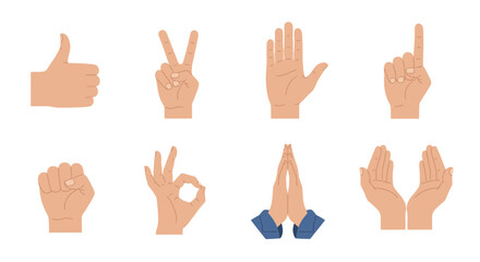 Diverse hands showing popular gestures like thumbs up, peace, and praying for communication
