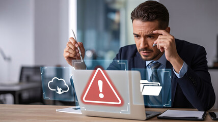 Businessman looking concerned at cybersecurity warning on digital interface Keywords: cybersecurity, threat, warning, alert, risk, data, security