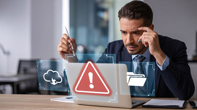 Businessman looking concerned at cybersecurity warning on digital interface Keywords: cybersecurity, threat, warning, alert, risk, data, security
