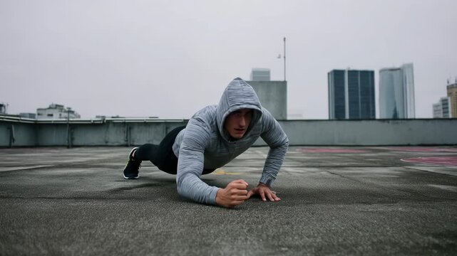 Athletic person performs intense pushup exercise on urban rooftop during workout session, demonstrating strength training, fitness dedication and outdoor calisthenics in city environment.