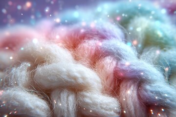 Obraz premium Close-up of soft, pastel-colored yarn with magical sparkling bokeh lights background