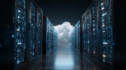 Digital Cloud Storage Network with Glowing Server Racks and Binary Code Illumination