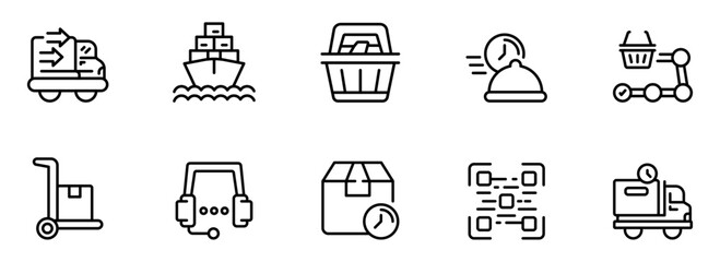 Logistics and Delivery: Black and White Line Icons Set for E-commerce, Shipping, and Supply Chain Management.