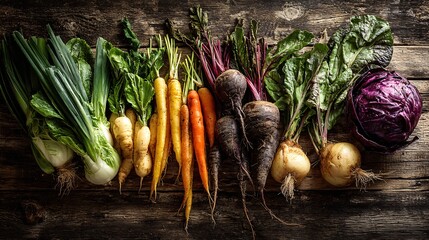 Organic Harvest: Fresh Farm Vegetables on Wooden Table
