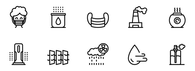 Clean Energy vs. Pollution: A Set of Ten Minimalist Line Icons Depicting Air and Water Purification,  Industrial Emissions, and Protective Measures Against Contamination.