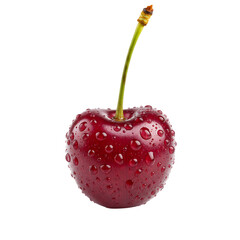 Close-up of a single red cherry covered in fresh water drops, isolated on white or transparent background. PNG
