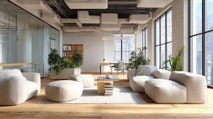 Contemporary Coworking Haven with Stylish Seating and Ample Light