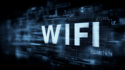 Large WIFI Text Illuminated within Moving Digital Code Stream Represents Instant Wireless Connectivity. Conveys the invisible networks enabling seamless internet access across modern life