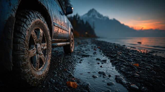 Muddy off-roader at sunset - Powered by Adobe