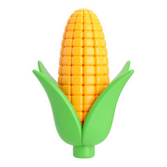 A vibrant, 3D-rendered ear of corn, showing the kernels and green husks.