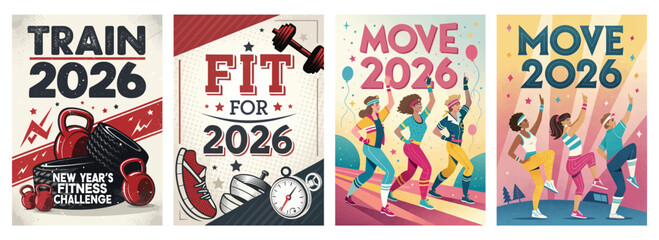 Set of four posters motivating fitness enthusiasts for 2026