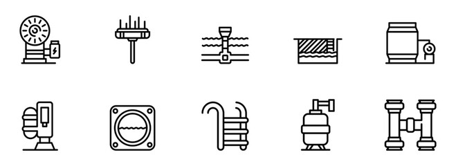 Collection of Modern Line Icons: Pool and Spa Equipment, Clean Minimalist Style, Technical Illustration for Website or App Design.