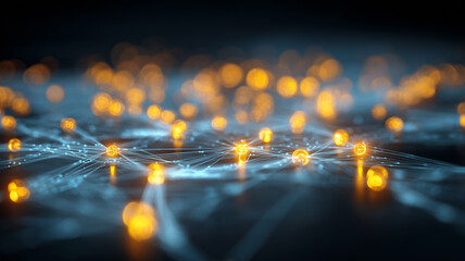 Glowing Node Network Web Linking Points of Light to Illustrate Complex Information Connectivity. Presents concept of neural communication big data analytics 