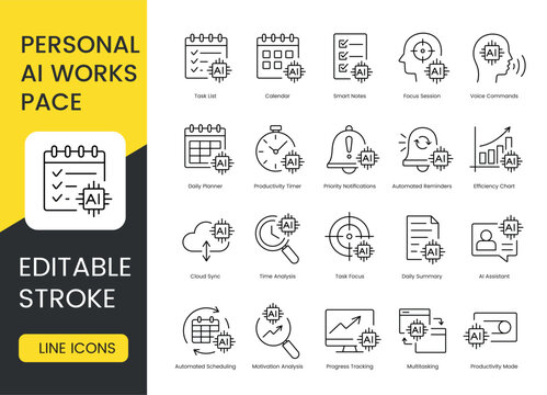 A set of vector icons representing productivity tools and scheduling features enhanced with artificial intelligence, created in line style with editable stroke