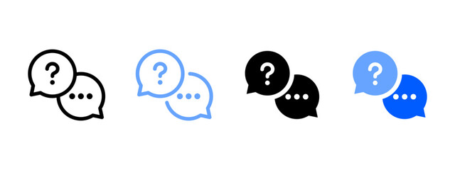 FAQ icon set. Paired speech bubbles with question mark and ellipsis sign. Support and help center sign for messaging and inquiry UI. Answer symbol. Talk pictogram. Communication illustration.