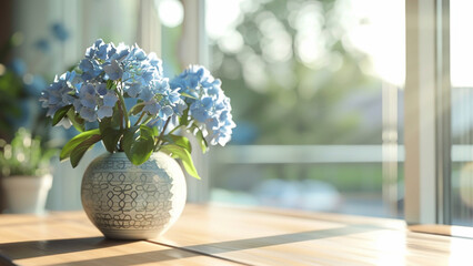 A quiet modern space featuring a wooden counter beside a large glass window. Soft natural sunlight fills the room, highlighting elegant blue artificial flowers in a white patterned ceramic pot