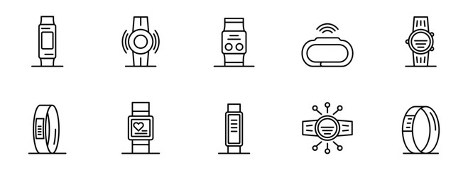 Collection of Modern Wearable Technology Icons: Smartwatches, Fitness Trackers, and Smartbands in Minimalist Line Art Style.