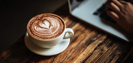 The beautiful latte art in a cozy cafe setting with a laptop.