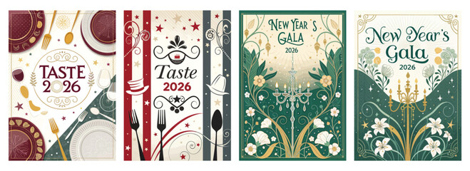 Set of four posters with art deco New Year's Gala 2026 invitation cards
