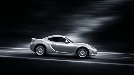 A sleek silver sports car speeds down an empty road, motion blur emphasizing its velocity,