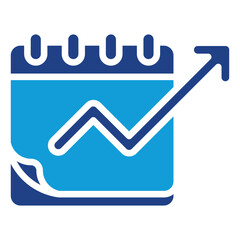 Growth Schedule Glyph Blue Silhouette Icon Vector Design - Calendar with upward arrow graph, indicating scheduled growth, performance planning, or forecast