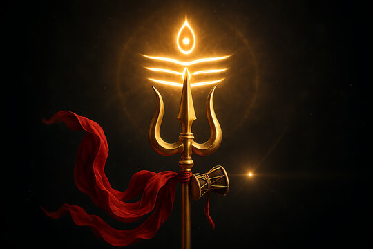 Glowing trident with damru and trinetra symbol representing mahadev power and spirituality for shib chaturthi celebration and devotion with golden light effect
