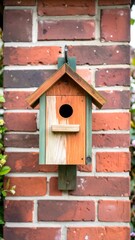 Charming wooden birdhouse with a round entrance, featuring green and natural wood panels, hanging on a textured red brick wall in a garden.
