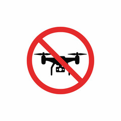 No drone sign with red circle and drone icon indicates a restricted zone. Concept a drone area is strictly prohibited, featuring icon of rotorcraft and cancellation symbol.