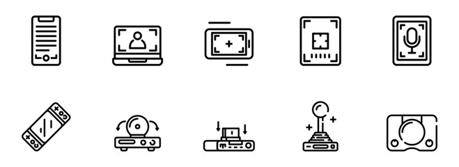 Collection of Minimalist Line Icons:  Modern Technology, Recording, and Retro Gaming Devices;  Clean, Simple, and Versatile Vector Graphics for Web and App Design.