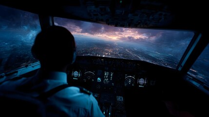 Pilot in a flight simulator cockpit with a view of the cityscape below