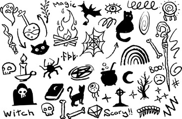 Halloween doodle featuring a witch hat and whimsical ghost. Spooky yet cute design perfect for festive decorations or party invites.