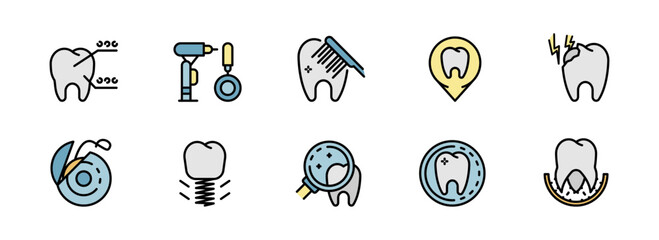 Colorful Dental Icons:  Braces, Drill, Toothbrush, Implant, Cavity, and More;  Informative, Clean Style for Healthcare Websites and Educational Materials.