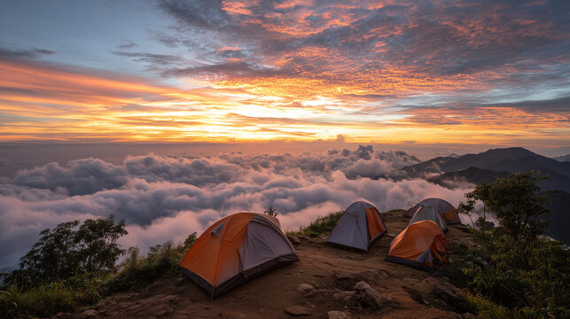 Sunrise hike in Asian mountains with tents and clouds