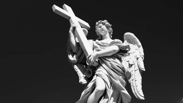 Marble angel statue holding large cross against dark sky, classical religious sculpture symbolizing faith and protection in Christian art and heritage