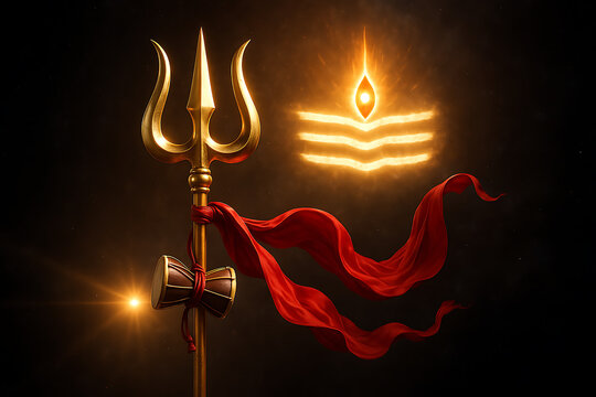 Holy trident and damru with spiritual shiva symbol in golden aura for shib chaturthi celebration of mahadev parvati divine power and sacred god representation