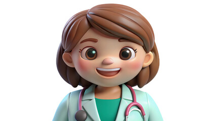 A smiling female doctor with a stethoscope cares for a young child in a clinic