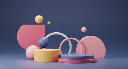 Colorfull stairway realistic 3D cylinder pedestal podium. the scene for the products stage showcase, and promotion display. Vector geometric forms in shadow. Abstract clean studio room design.