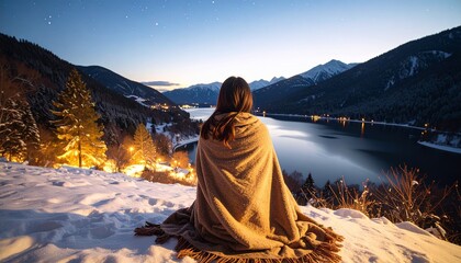 Woman in Blanket Overlooking Snowy Mountain Lake at Night
