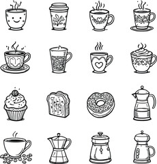 Coffee & Pastry Icons – Black and White Set with Cups, Makers, Beans, Cupcakes, Toast and Donuts