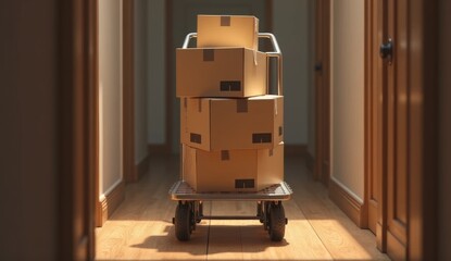 Moving dolly loaded with stacked sealed cardboard boxes in a hallway with wooden flooring. Soft natural lighting. Ideal for relocation, delivery, and logistics themes