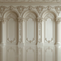 Cream baroque wall with arched panels and ornate pilasters in soft daylight