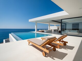 Luxury Villa with Infinity Pool: A sun-drenched scene of a modern villa with an infinity pool, offering panoramic views of the serene blue ocean and the clear, azure sky.