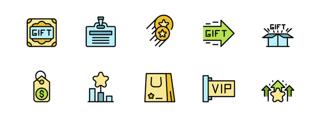 Colorful Flat Icon Set: Loyalty Program, VIP Rewards, Gift Cards, Bonus Points, and Shopping Incentives.