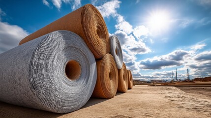 Roll of insulation material on sunny construction site, empty sky background