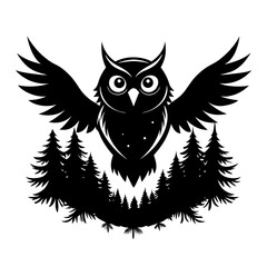 Owl fly in Forest vector clean black silhouette design white background