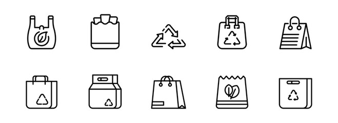 Eco-Friendly Shopping Bag Icons:  Recyclable Paper and Plastic Bags, Minimalist Line Art Style, Sustainable Packaging Graphics for Retail and Environmental Campaigns.