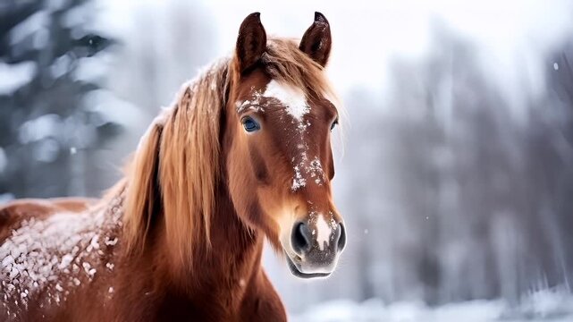 A closeup of a horse in a snowy landscape. The horse is brown with a white blaze on its face, and its mane is a mix of brown and blonde. The snowflakes are white.