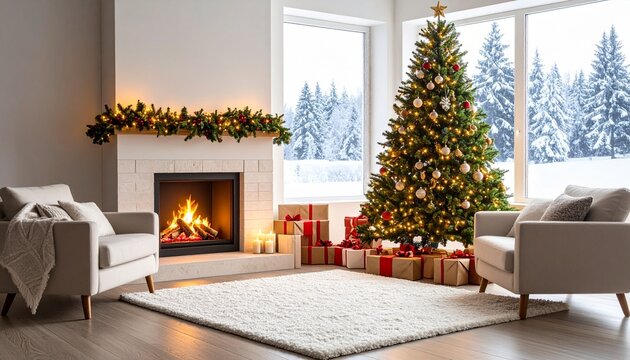 Cozy Christmas living room with fireplace and tree