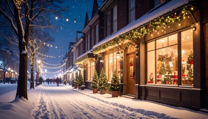 Obraz premium Snowy Christmas street with festive lights at night