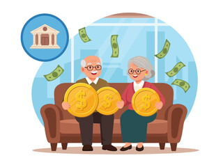 A smiling senior couple holds large gold coins while money rains down, symbolizing retirement savings.
